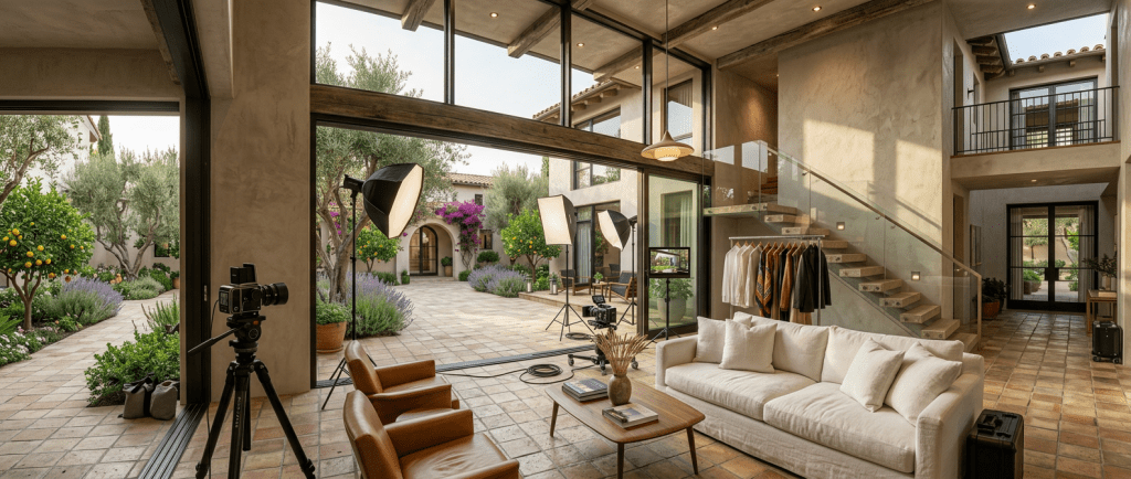 Modern living room with leather chairs, green sofa, wooden coffee table, and vast garden view